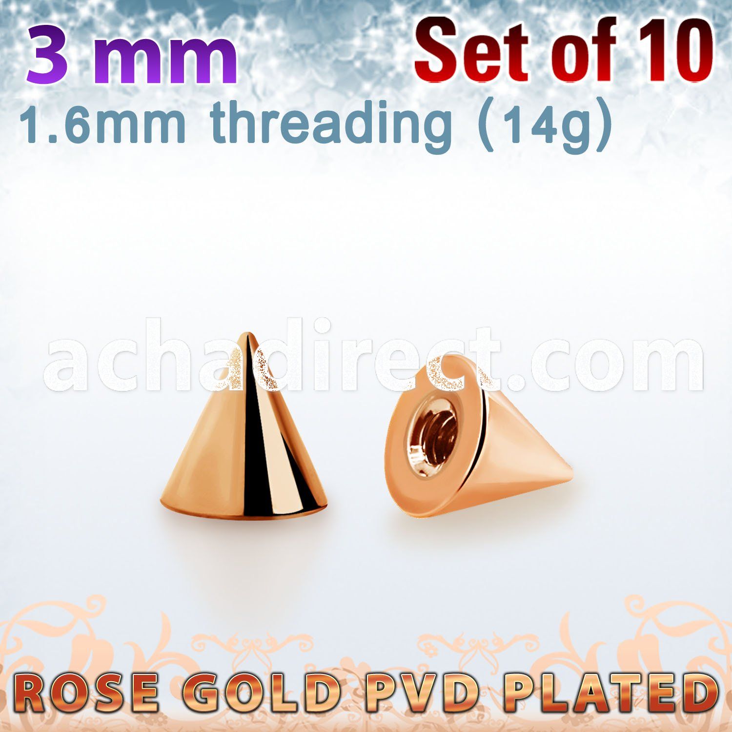 xcntt3g set of 3mm rose gold plated steel cones thread 1.6mm
