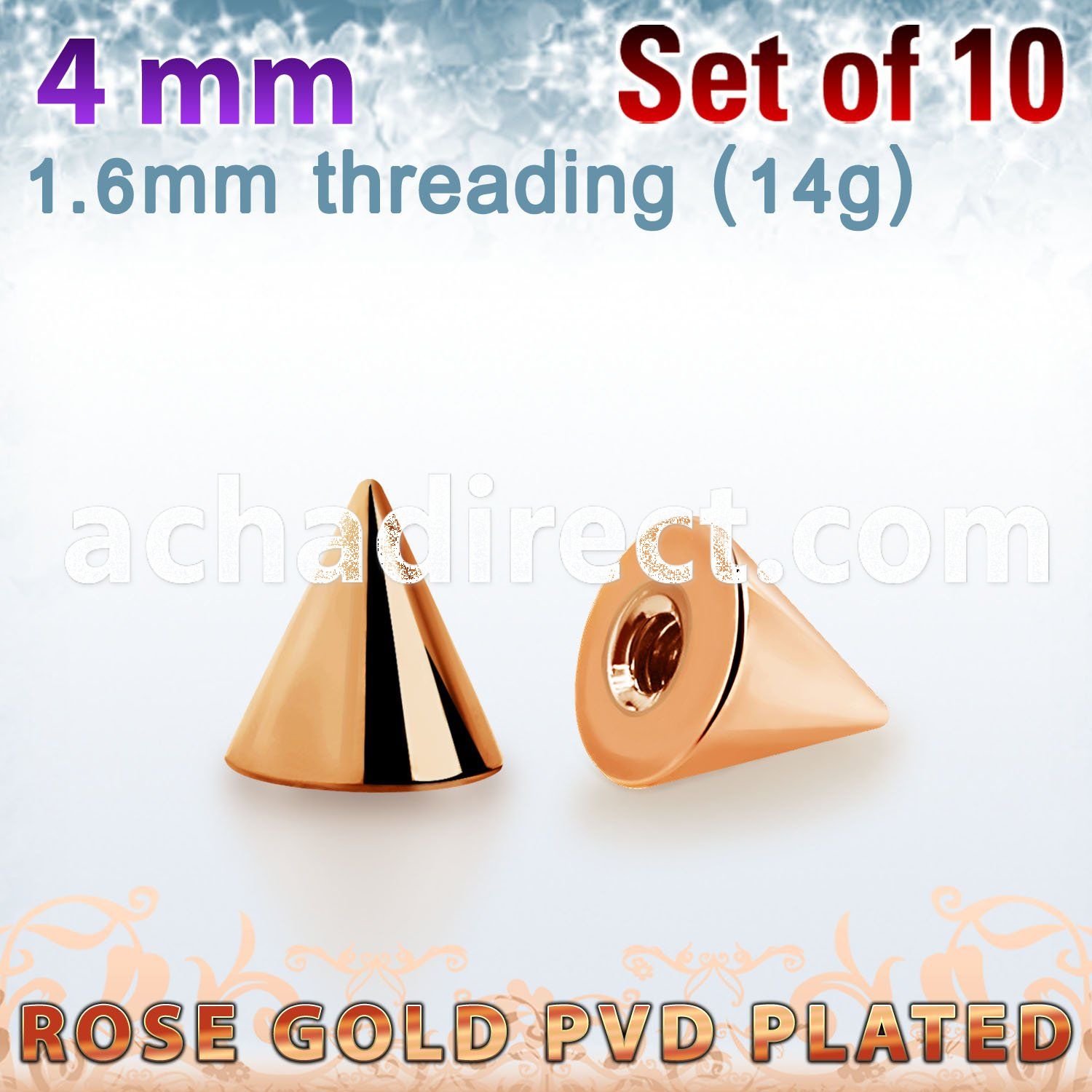 xcntt4g set of 4mm rose gold plated steel cones thread 1.6mm
