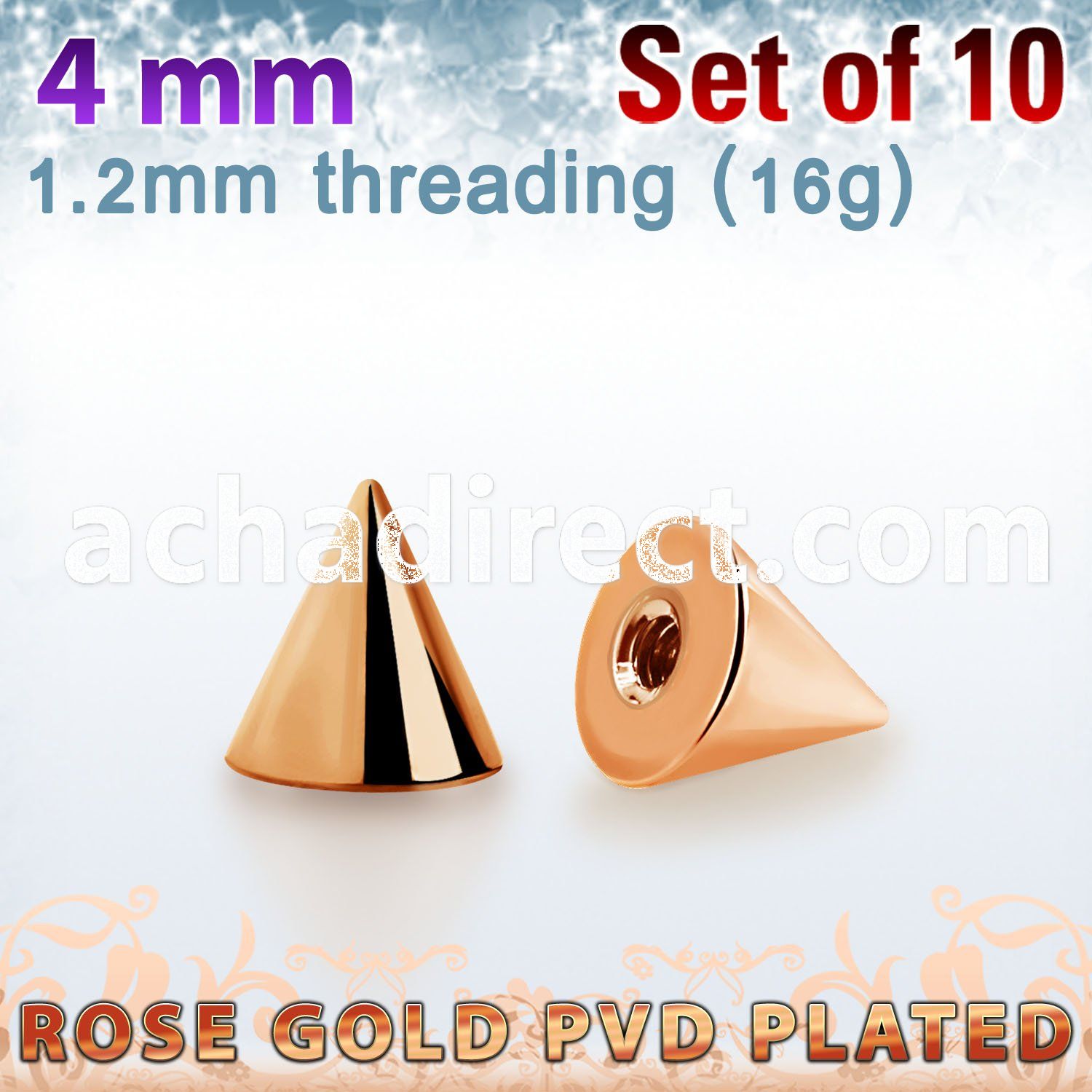 xcntt4s set of 4mm rose gold plated steel cones thread 1.2mm