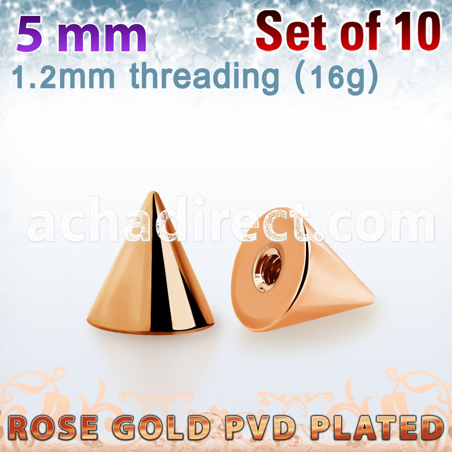 xcntt5s set of 5mm rose gold plated steel cones thread 1.2mm