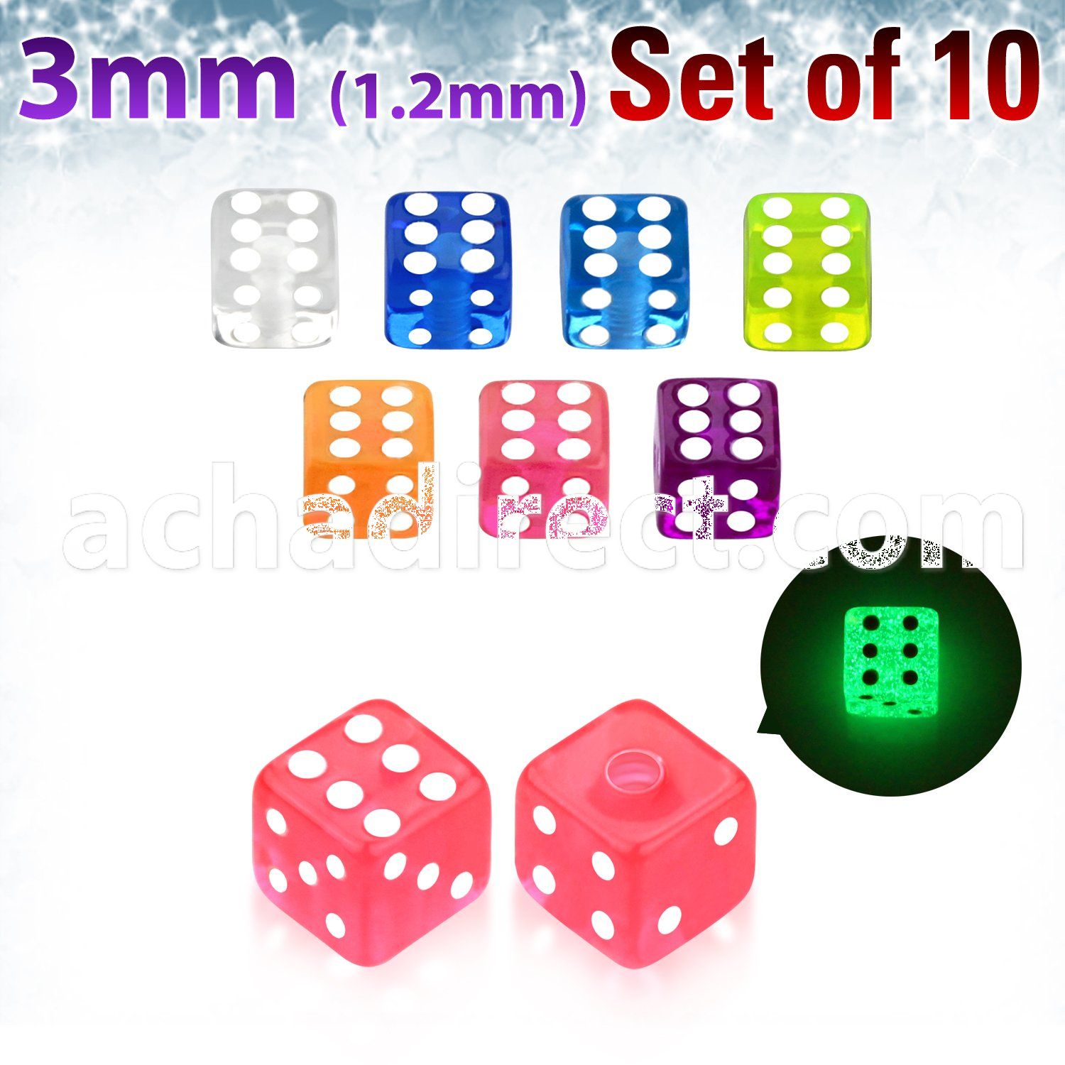xgldi3 set of 10 pcs of 3mm glow in the dark acrylic dices