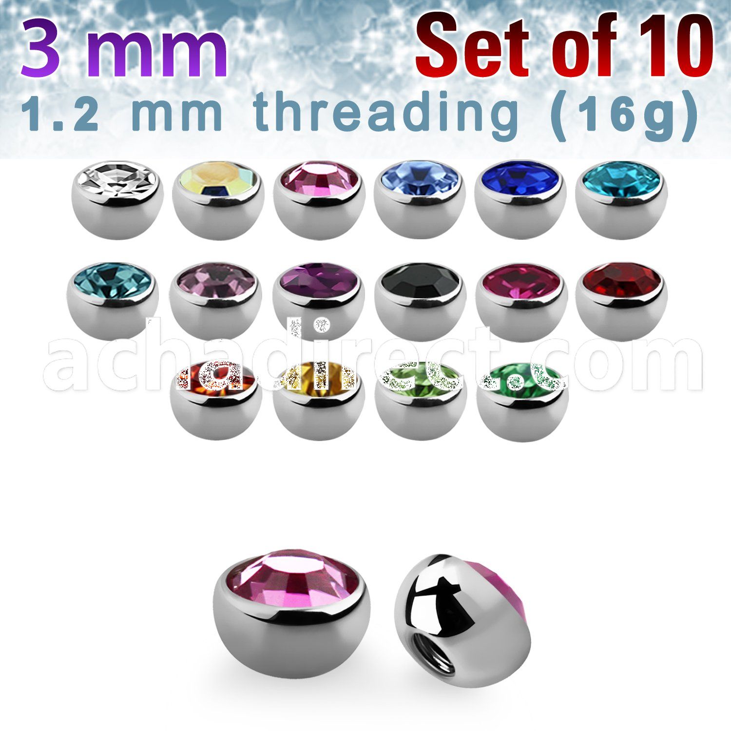 xhjb3 pack of 3mm 316l steel half jewel balls w bezel crystal