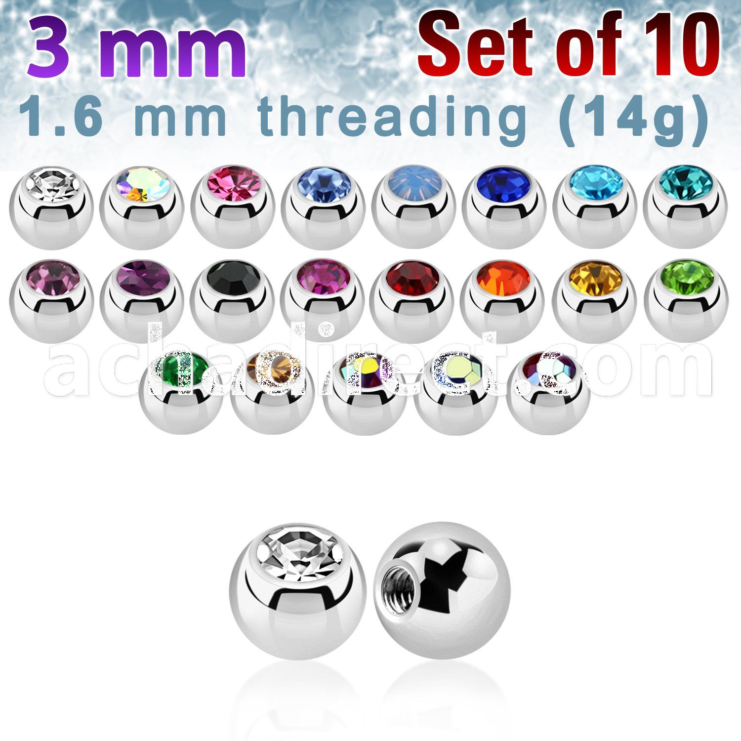 xjb3g pack of 3mm polished 316l steel balls with bezel crystal