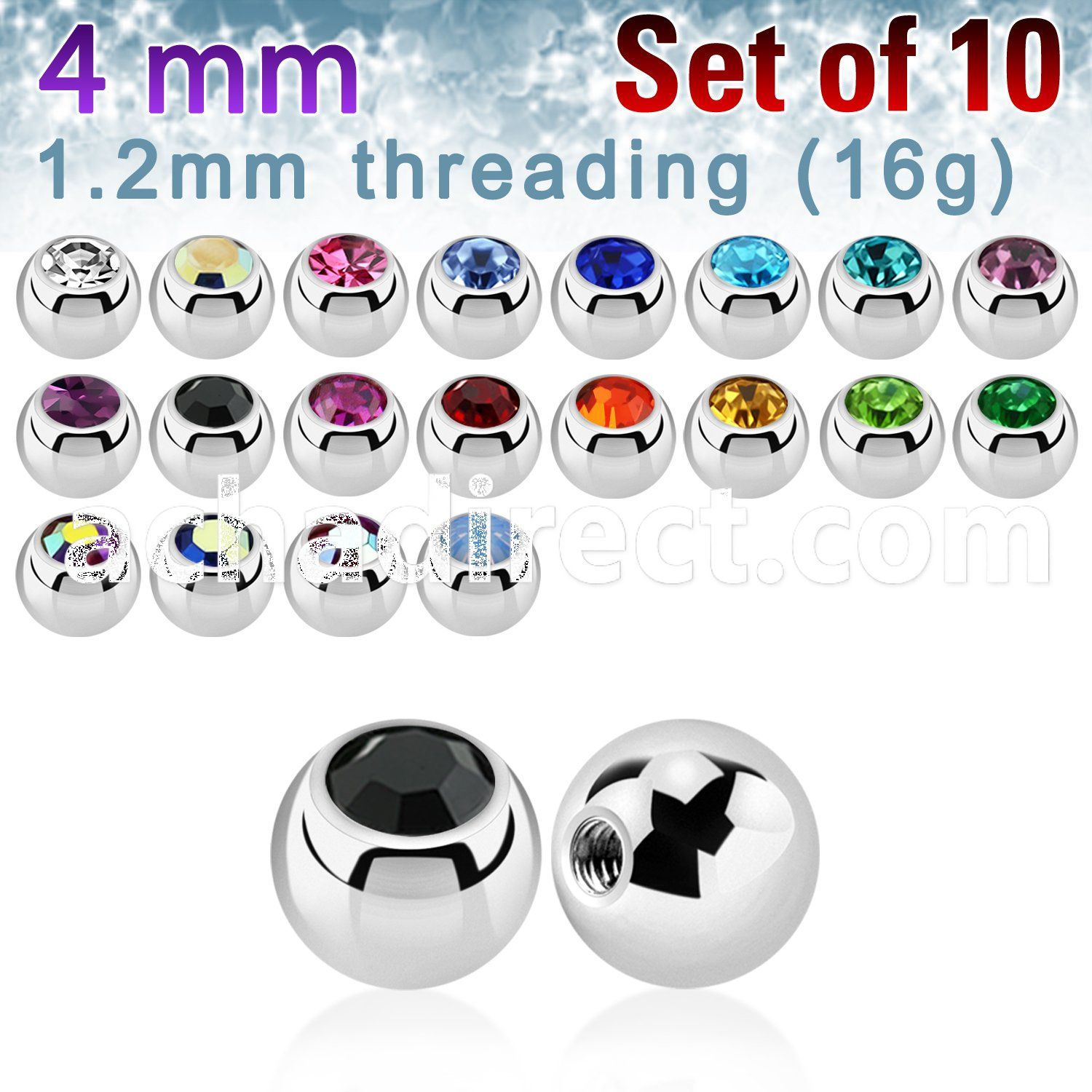 xjb4s pack of 4mm polished 316l steel balls with bezel crystal