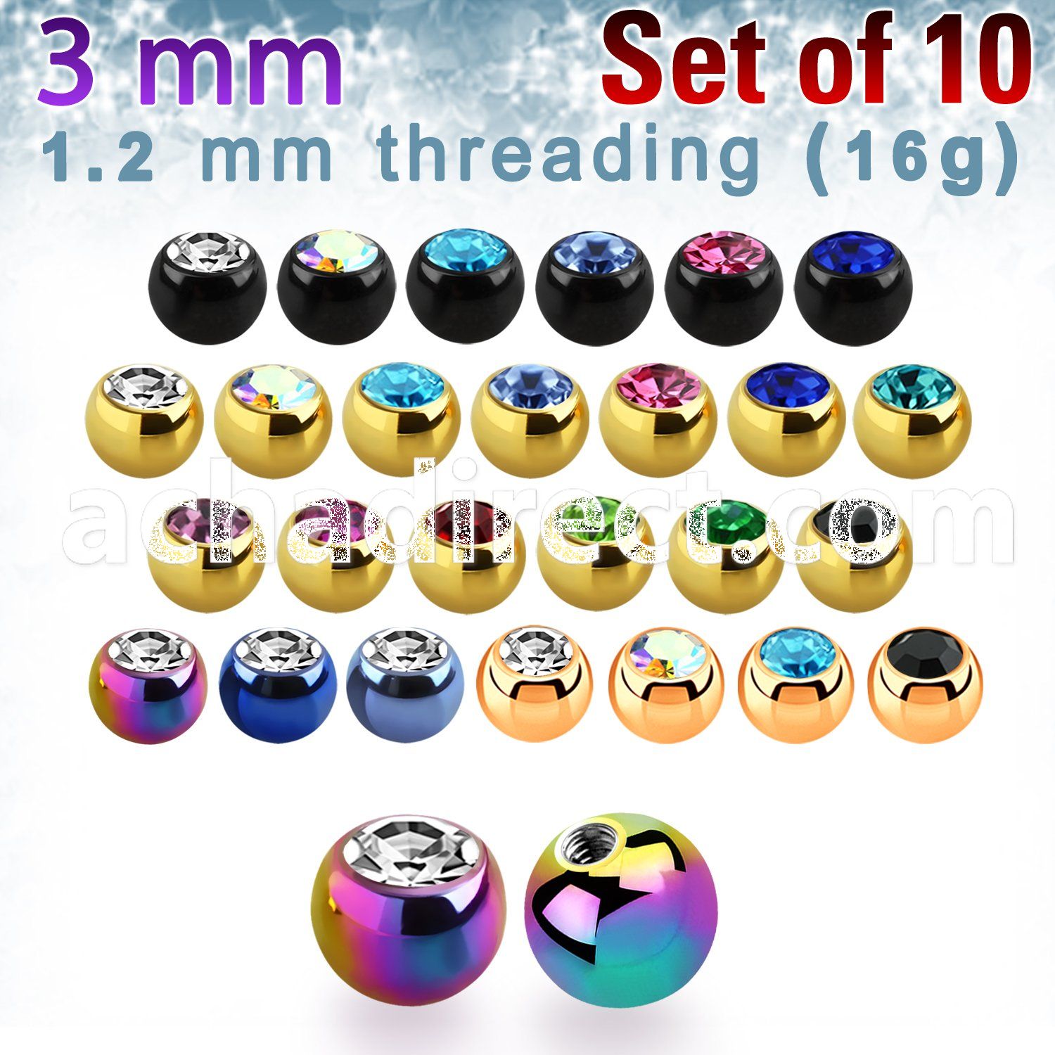 xjbt3s pack of anodized 316l steel balls with bezel crystals