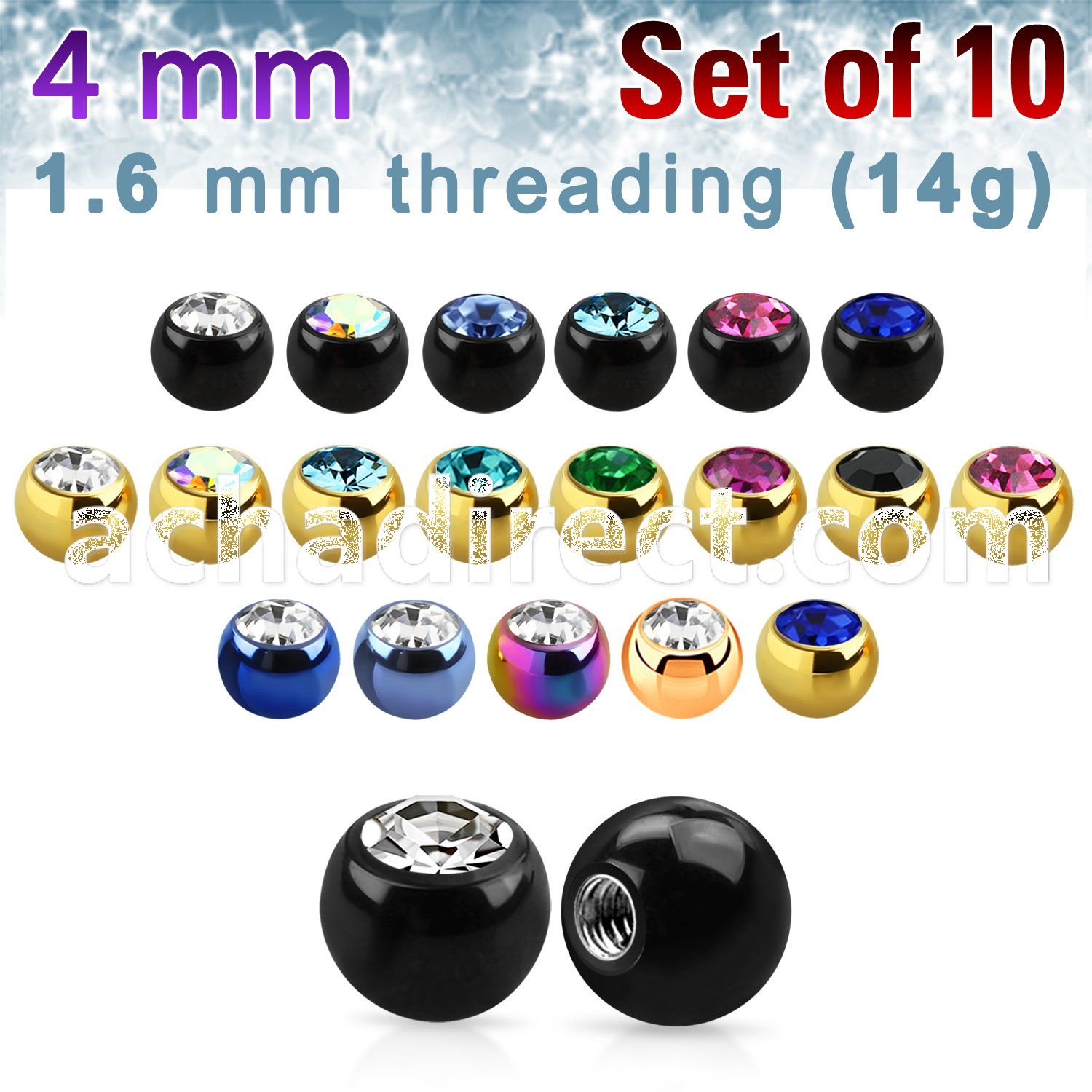 xjbt4g pack of 4mm anodized 316l steel balls w bezel crystals