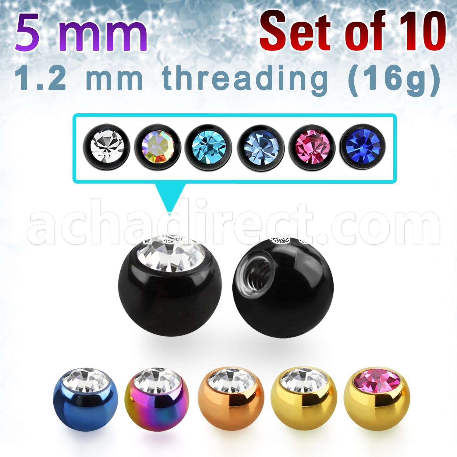 xjbt5s pack of 5mm anodized 316l steel balls w bezel crystals
