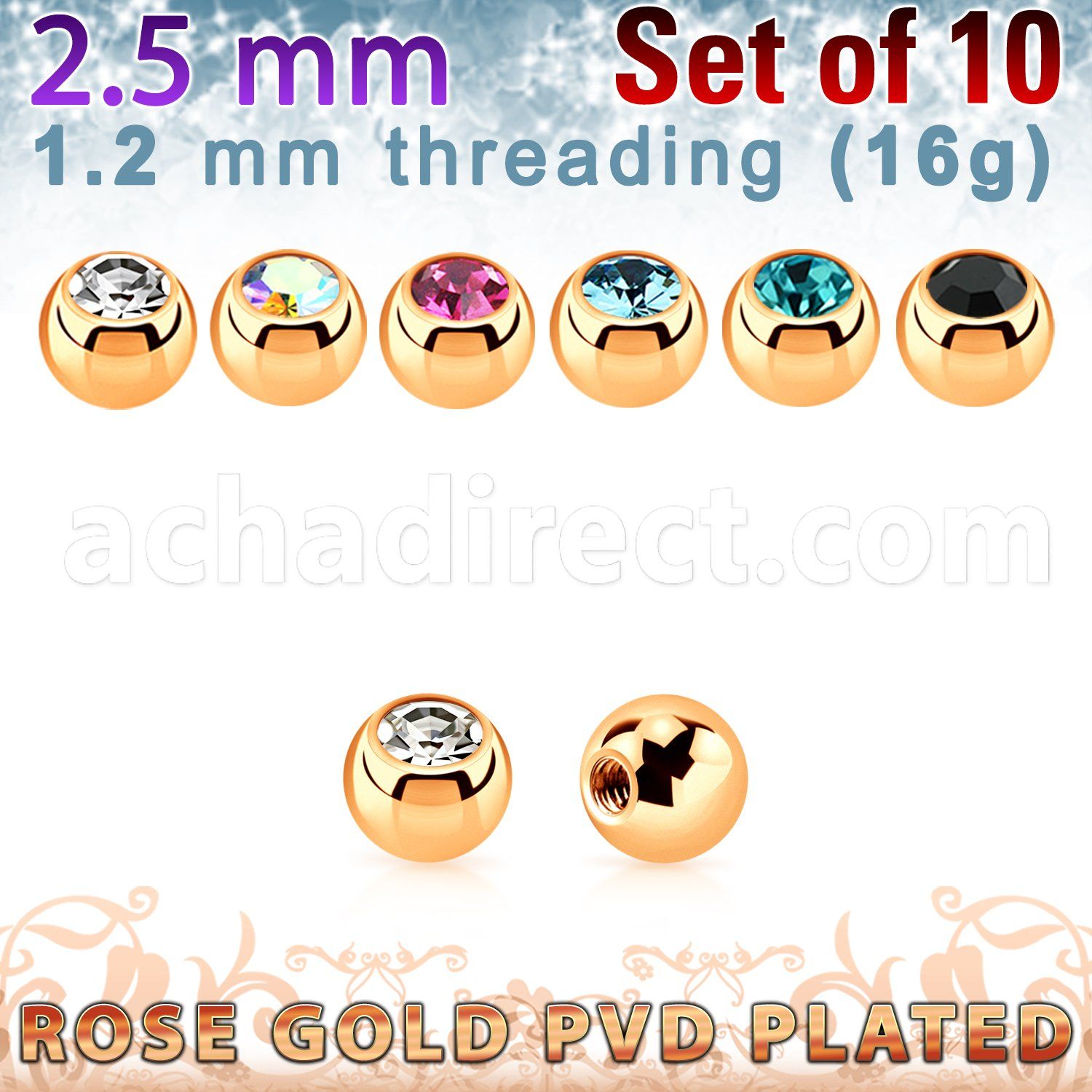 xjbtt25s pack 2.5mm x 1.2mm rose gold balls w bezel set crystal