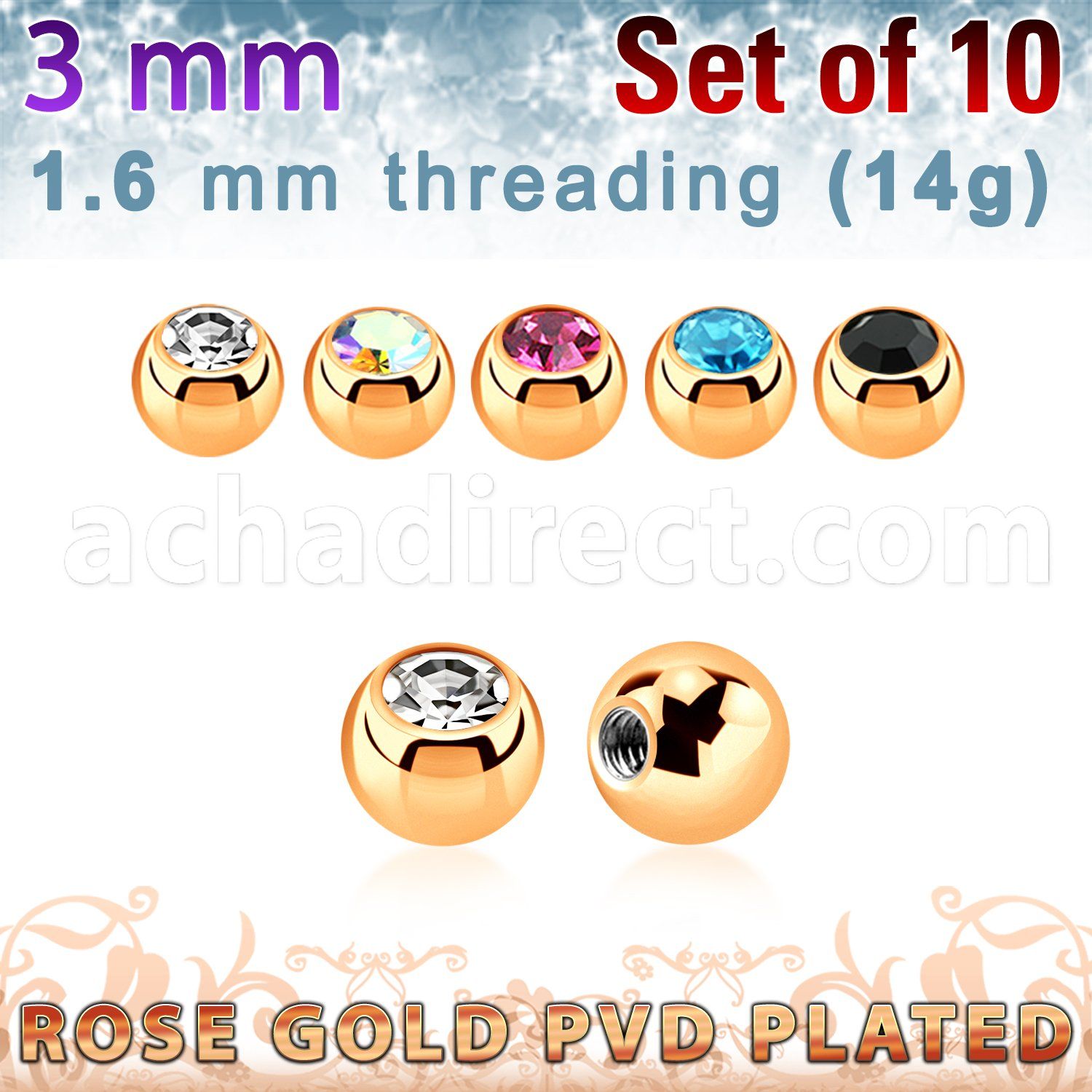 xjbtt3g pack 3mm x 1.6mm rose gold steel ball bezel set crystal