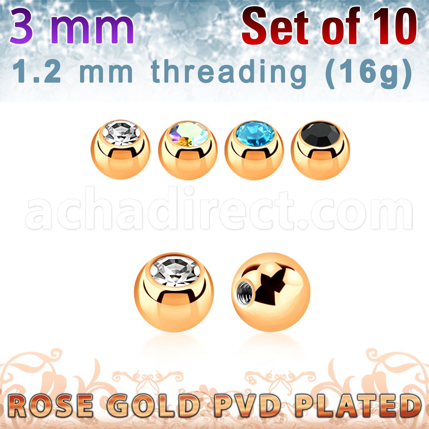 xjbtt3s pack 3mm x 1.2mm rose gold steel ball bezel set crystal