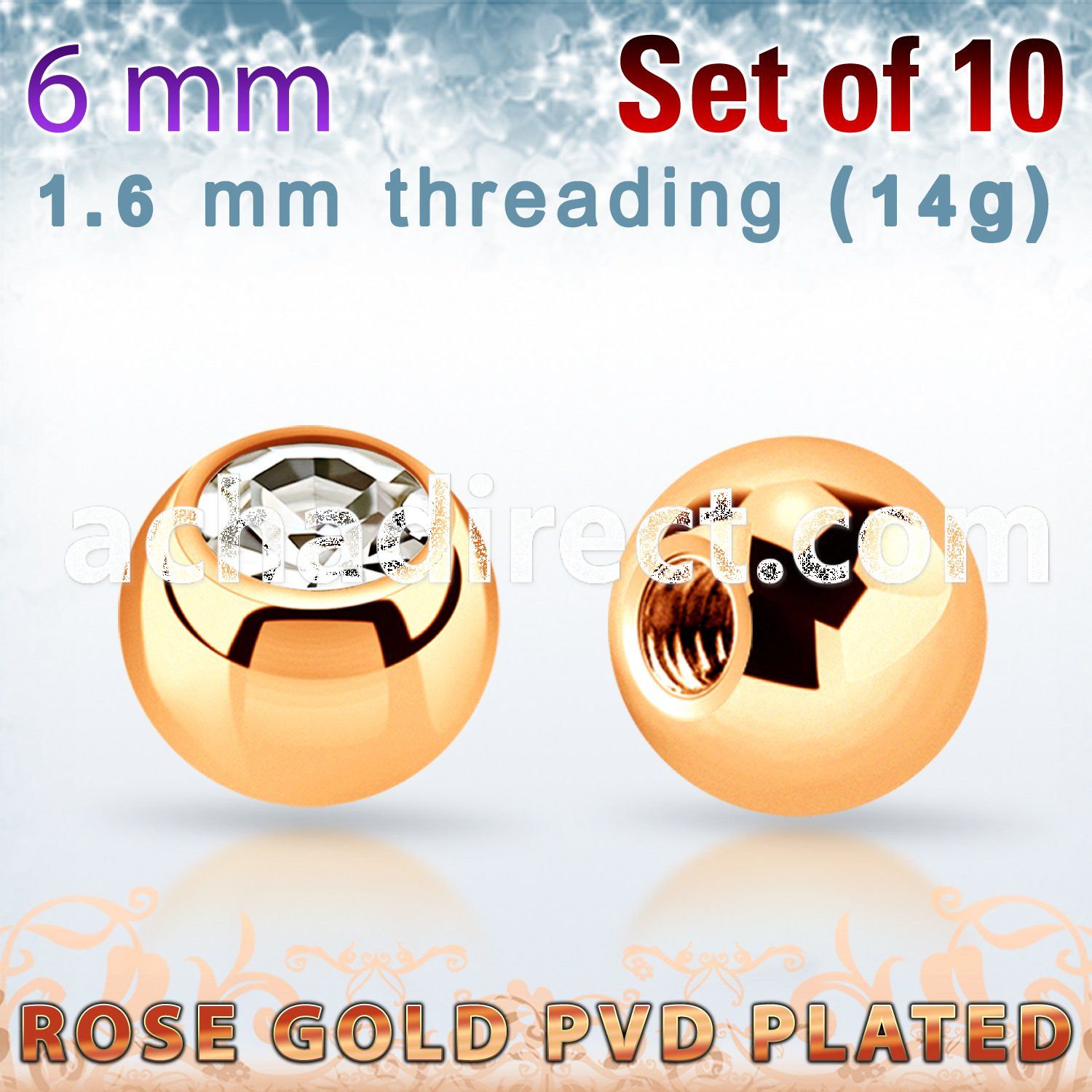xjbtt6g pack 6mm x 1.6mm rose gold pvd ball w bezel set crystal