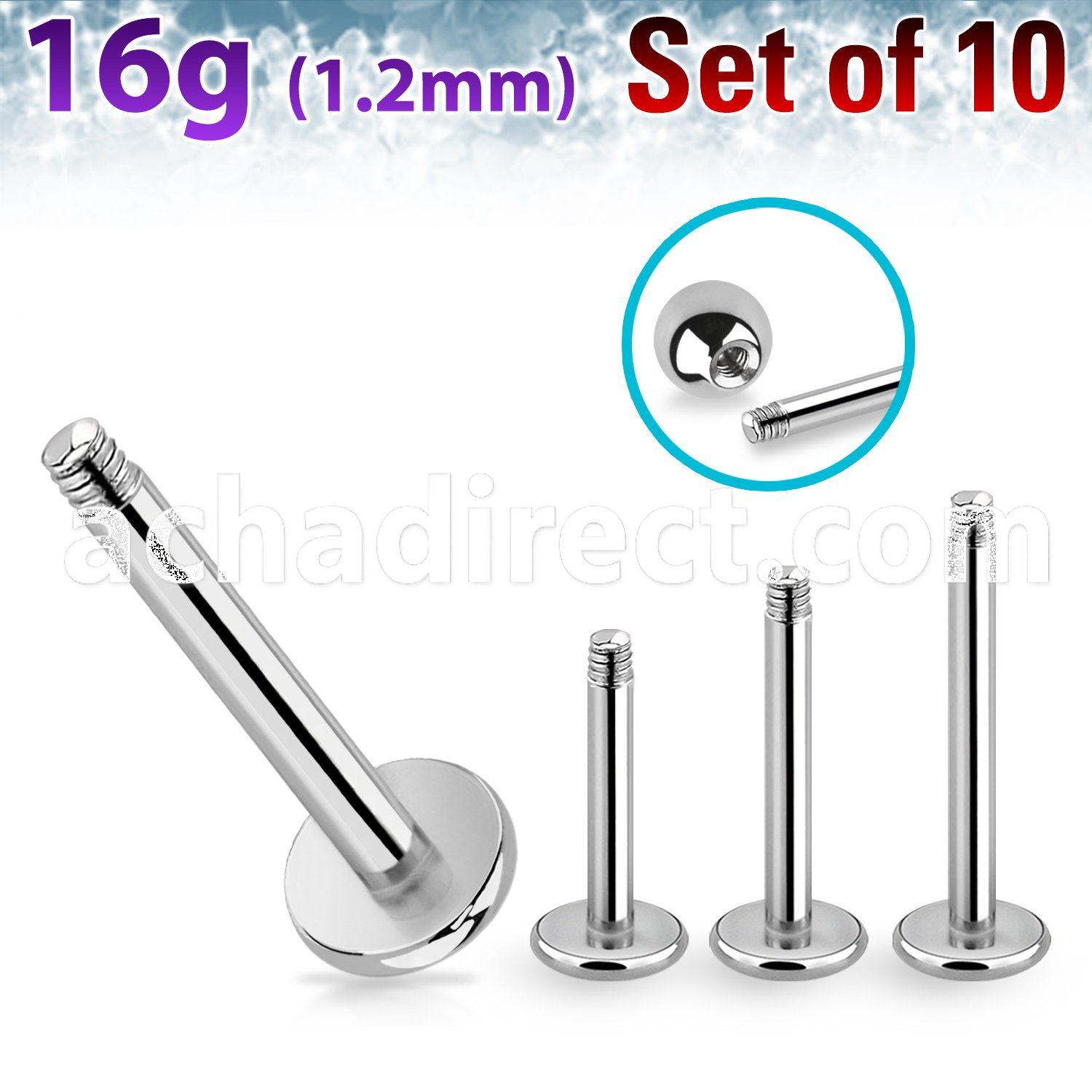 xlb16g pack of 10 pcs of surgical steel labret posts