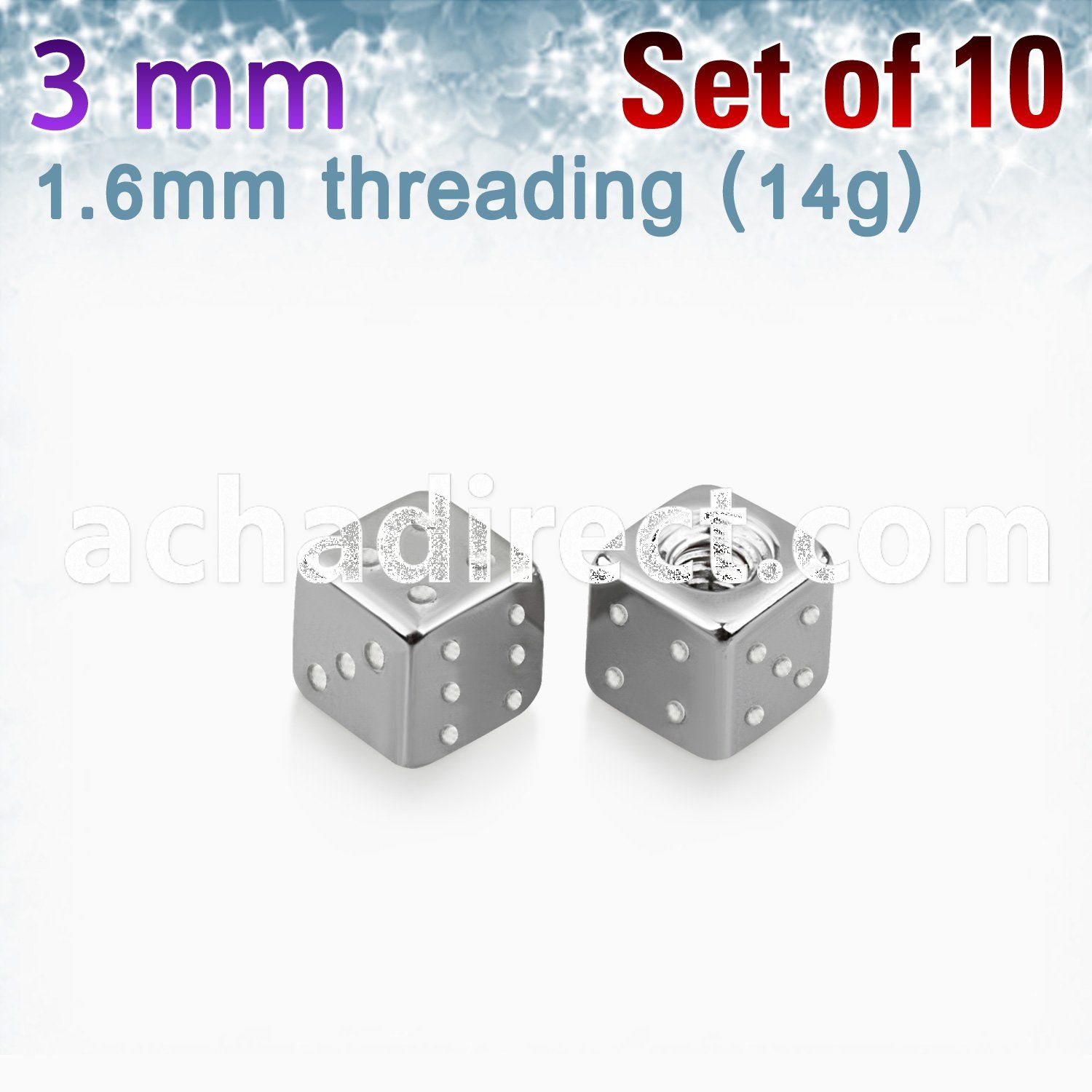 xsdi3g pack of 10 pcs of 3mm high polished 316l steel dices