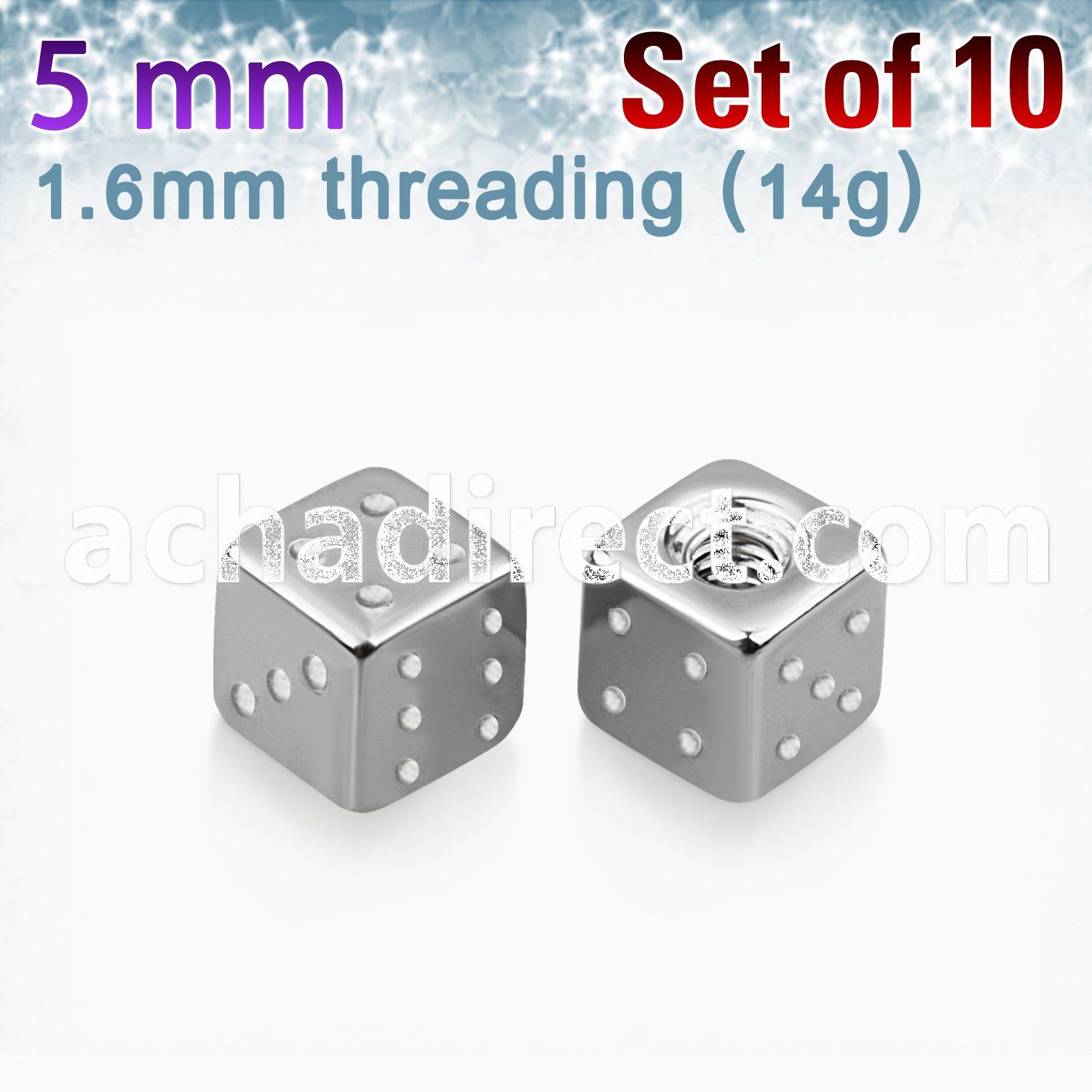 xsdi5 pack of 10 pcs of 5mm high polished 316l steel dices