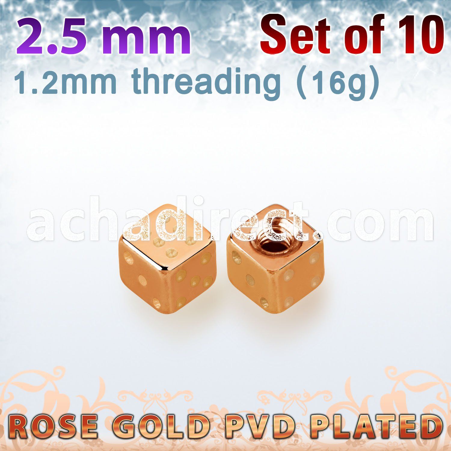 xsditt25 set of 2.5mm rose gold plated steel dices thread 1.2mm