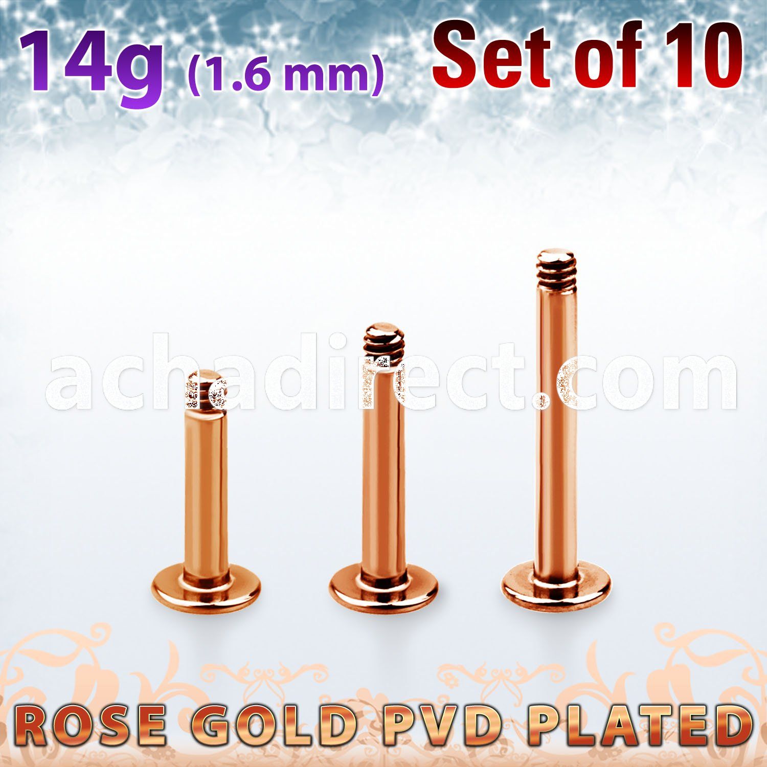xttlb14g set of rose gold plated steel labret posts thread 1.6mm