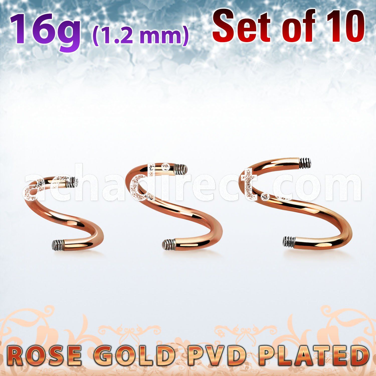 xttsp16g set of rose gold plated steel spiral posts thread 1.2mm