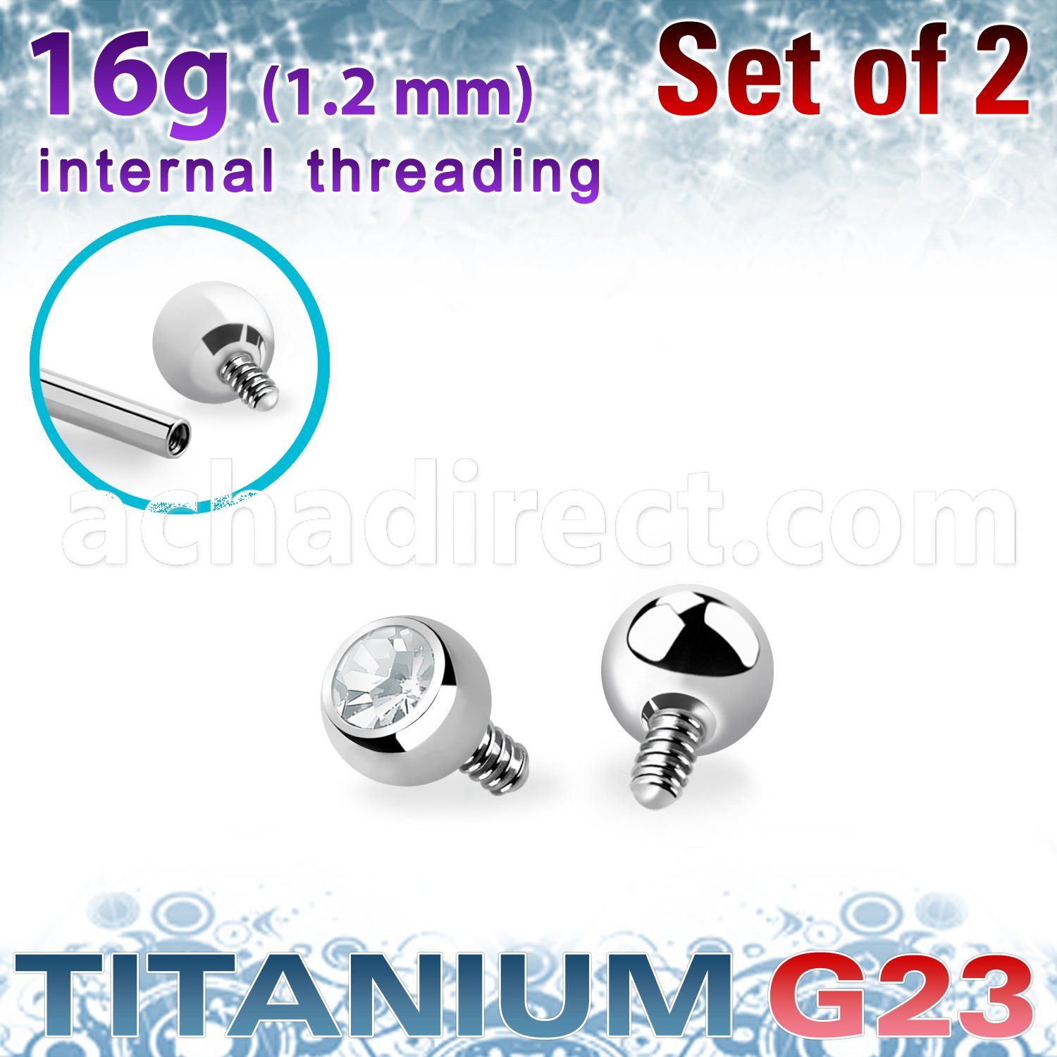xujb25i titanium g23 ball tops with clear crystal bezel set