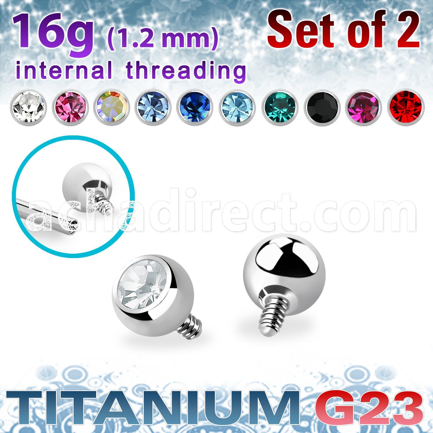 xujb3i titanium g23 ball tops clear crystal bezel set 3mm