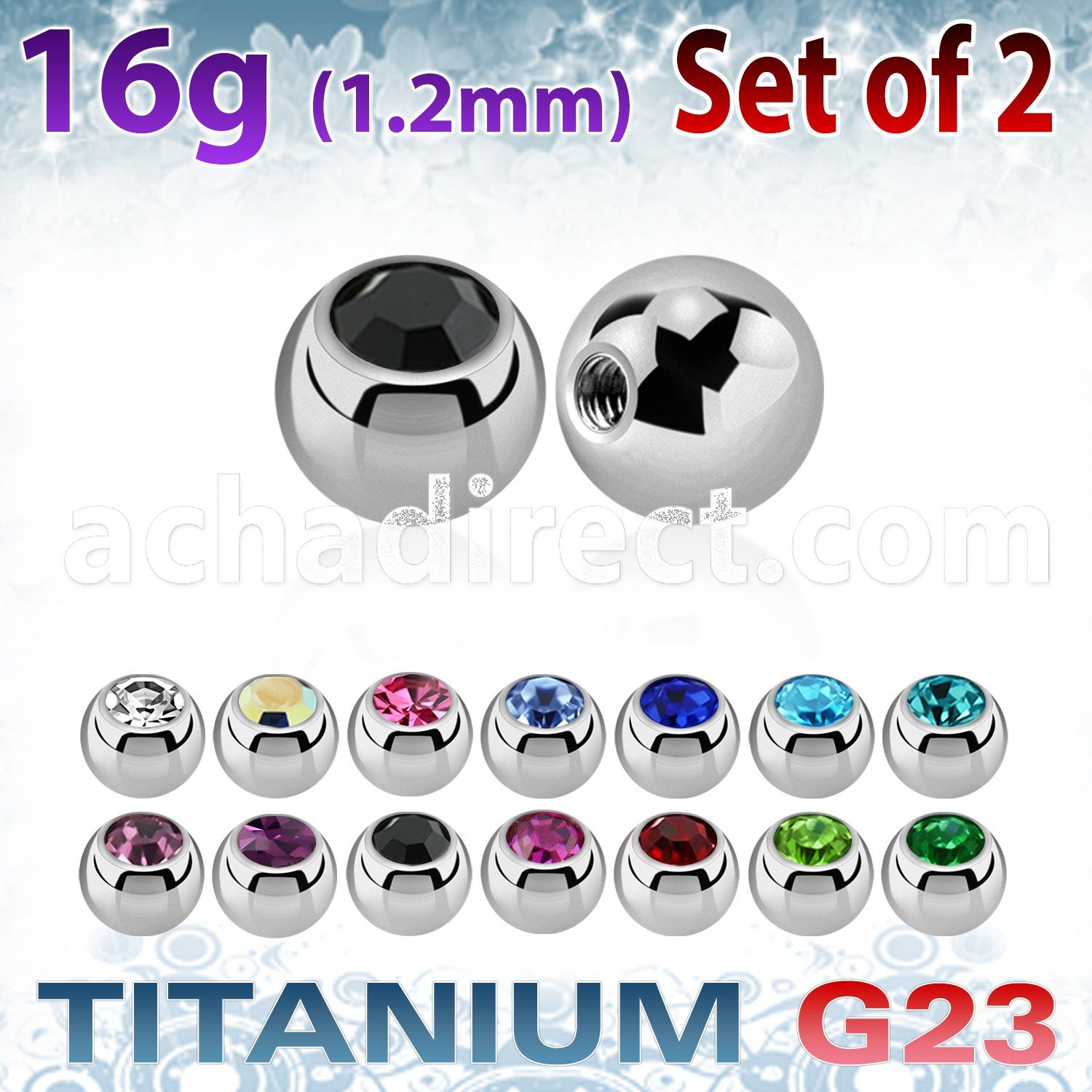 xujb4s set of high polished titanium g23 balls w bezel crystal