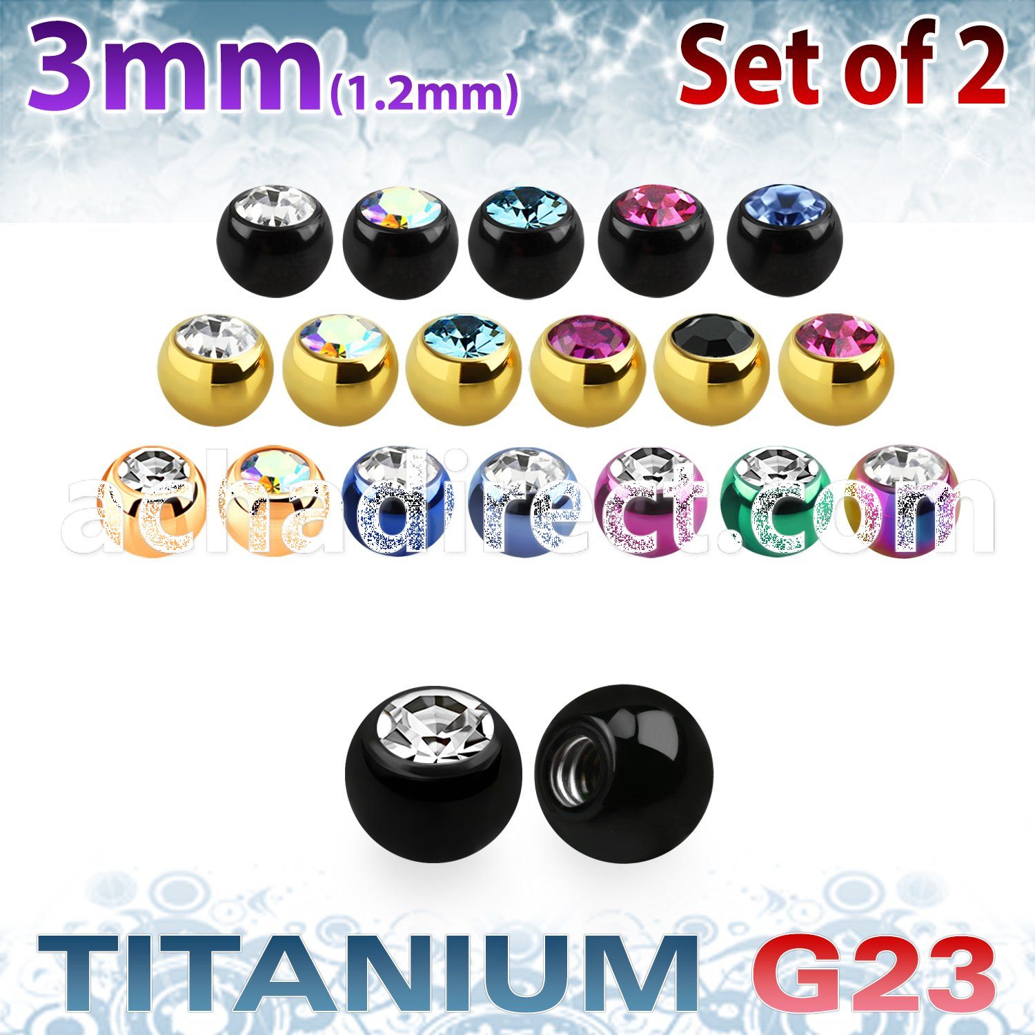 xujbt3s 3mm anodized g23 balls w bezel set crystals  1.2mm, 16g