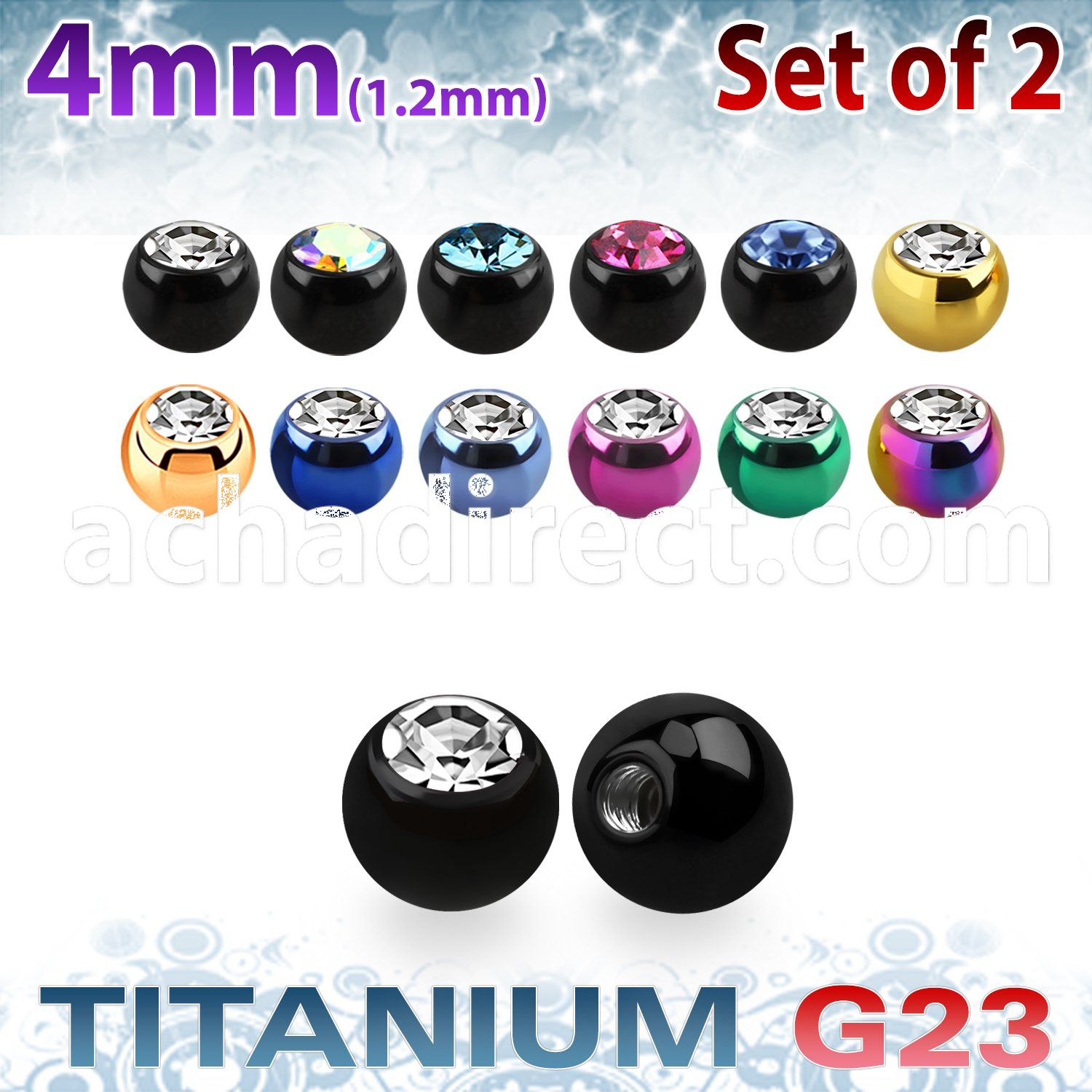 xujbt4s 4mm anodized g23 balls w bezel set crystals  1.2mm, 16g