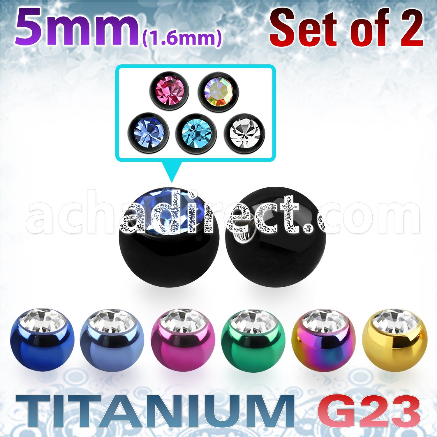 xujbt5g 5mm anodized g23 balls w bezel set crystals  1.6mm, 14g