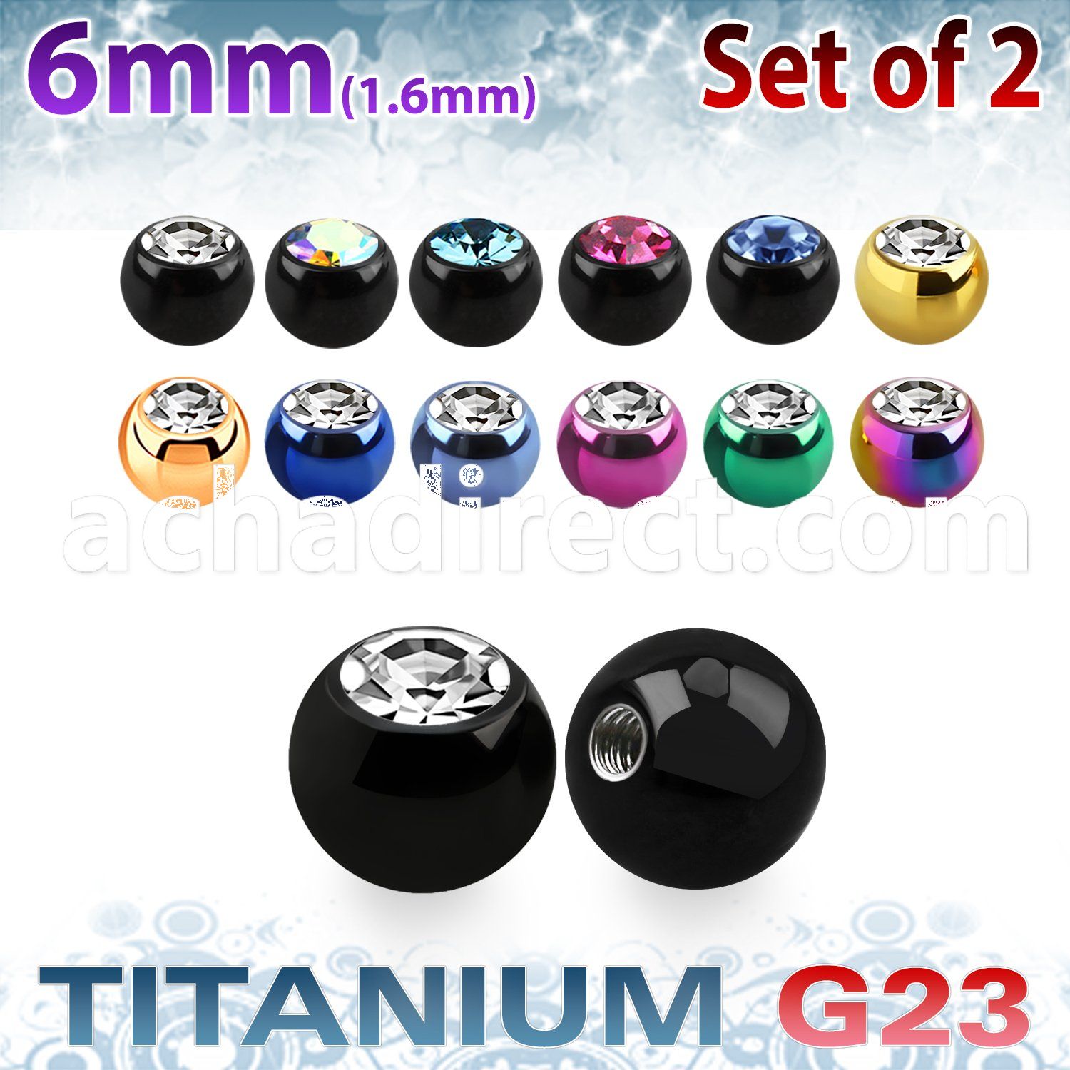 xujbt6g 6mm anodized g23 balls w bezel set crystals  1.6mm, 14g