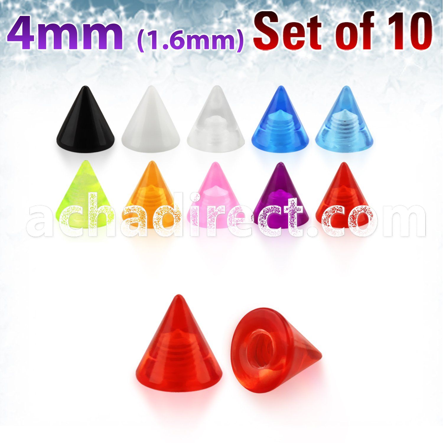 xuvcn4 set of 4mm acrylic uv cones with 14g 1 6mm threading