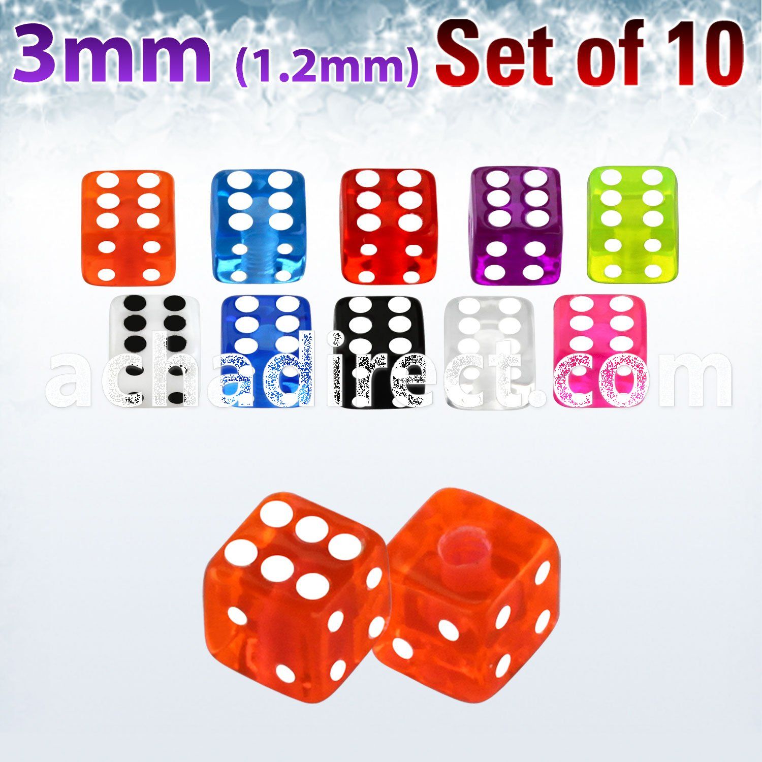 xuvdi3 set of 3mm acrylic uv dices with 16g 1 2mm threading