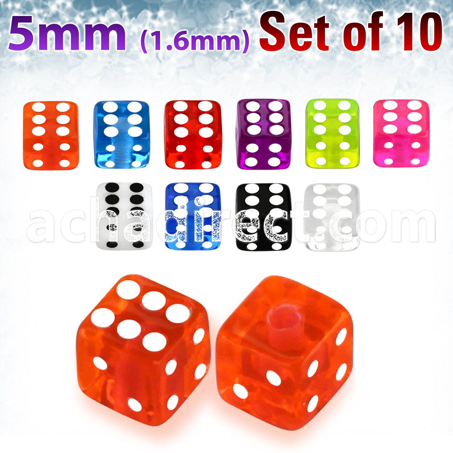 xuvdi5 set of 5mm acrylic uv dices with 14g 1 6mm threading
