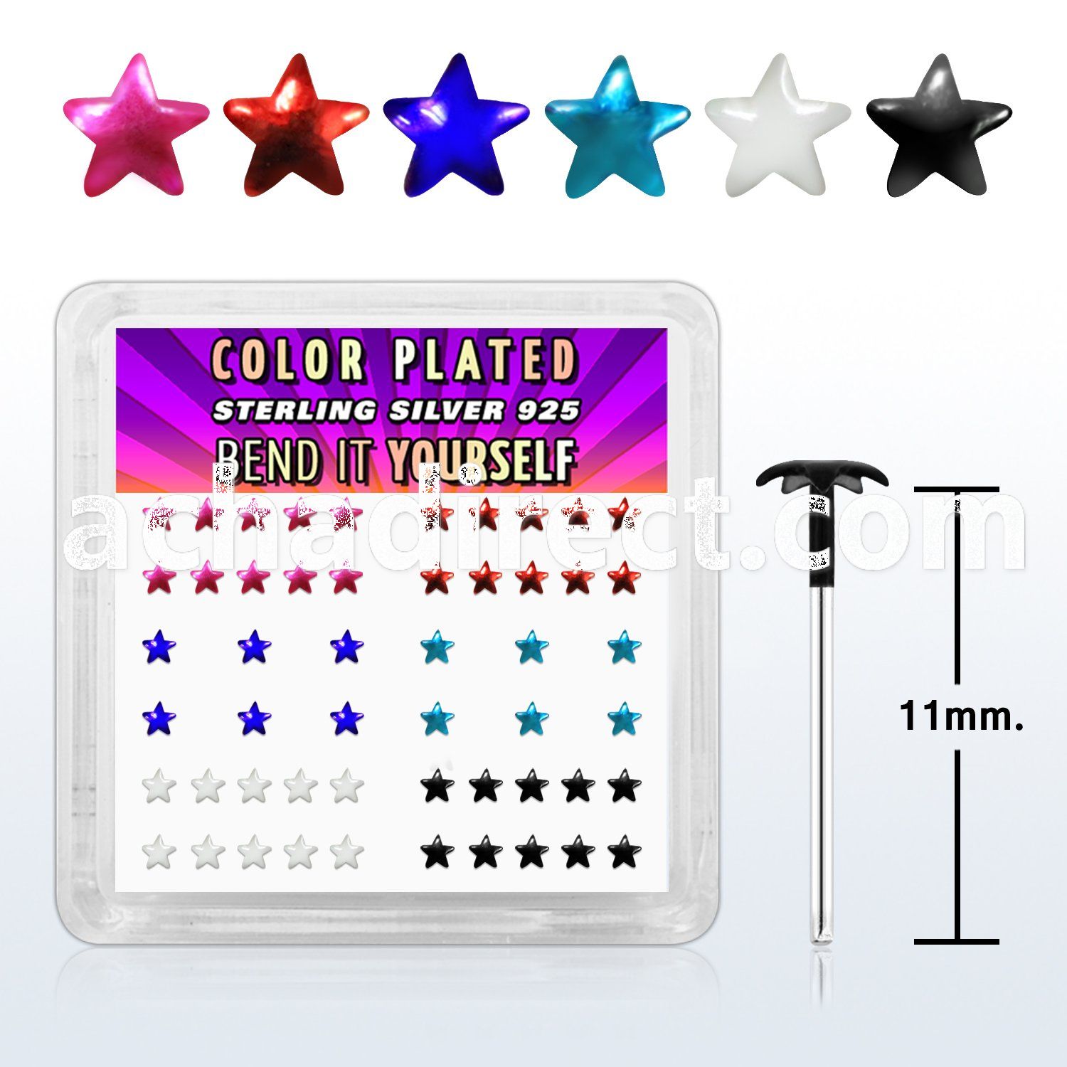yxpsar box of silver bend it nose studs with color star top