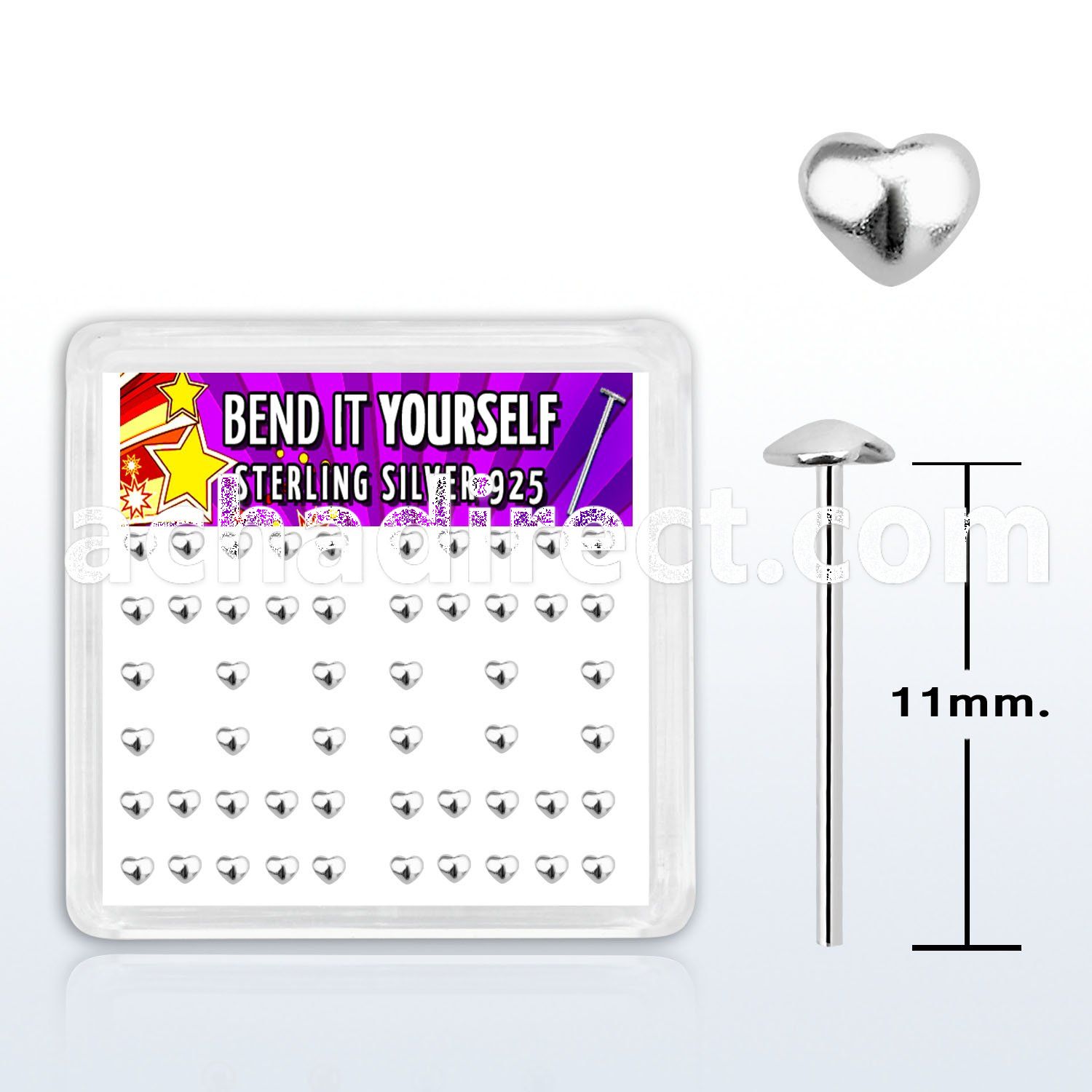 yxvhr box w silver bend it nose studs w plain heart shaped top