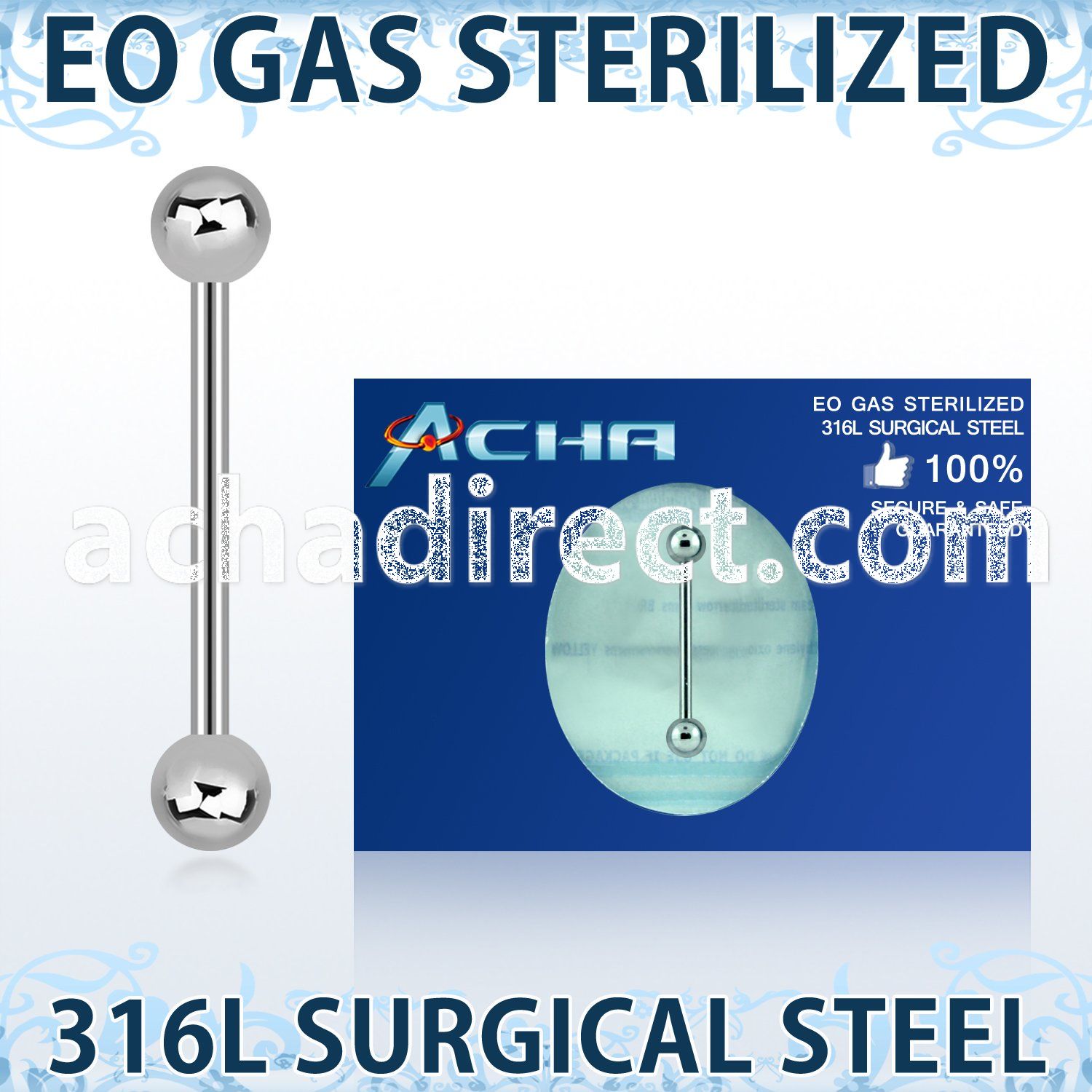 zbbs sterilized 316l steel tongue barbell with two 5mm balls
