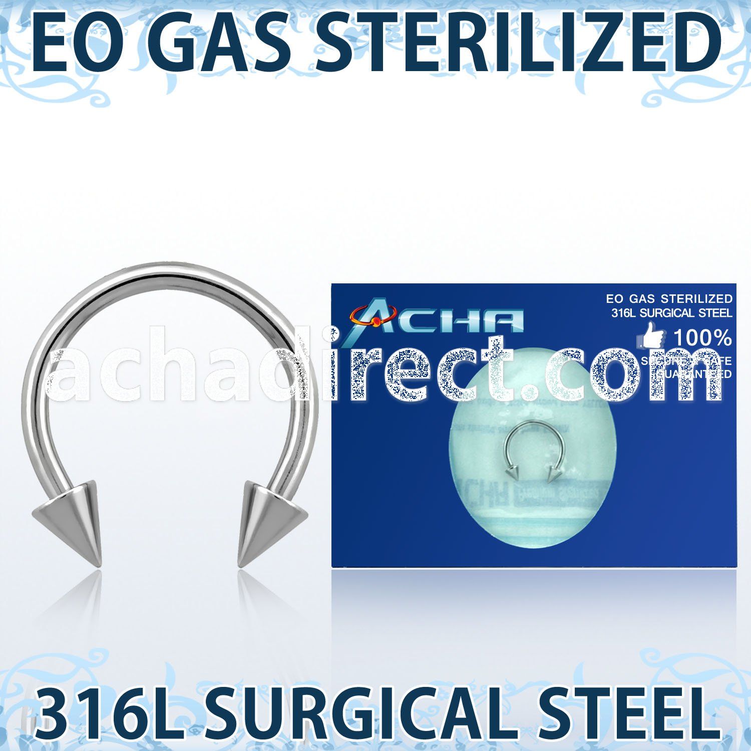 zcbecn sterilized 316l steel circular barbell with 3mm cones