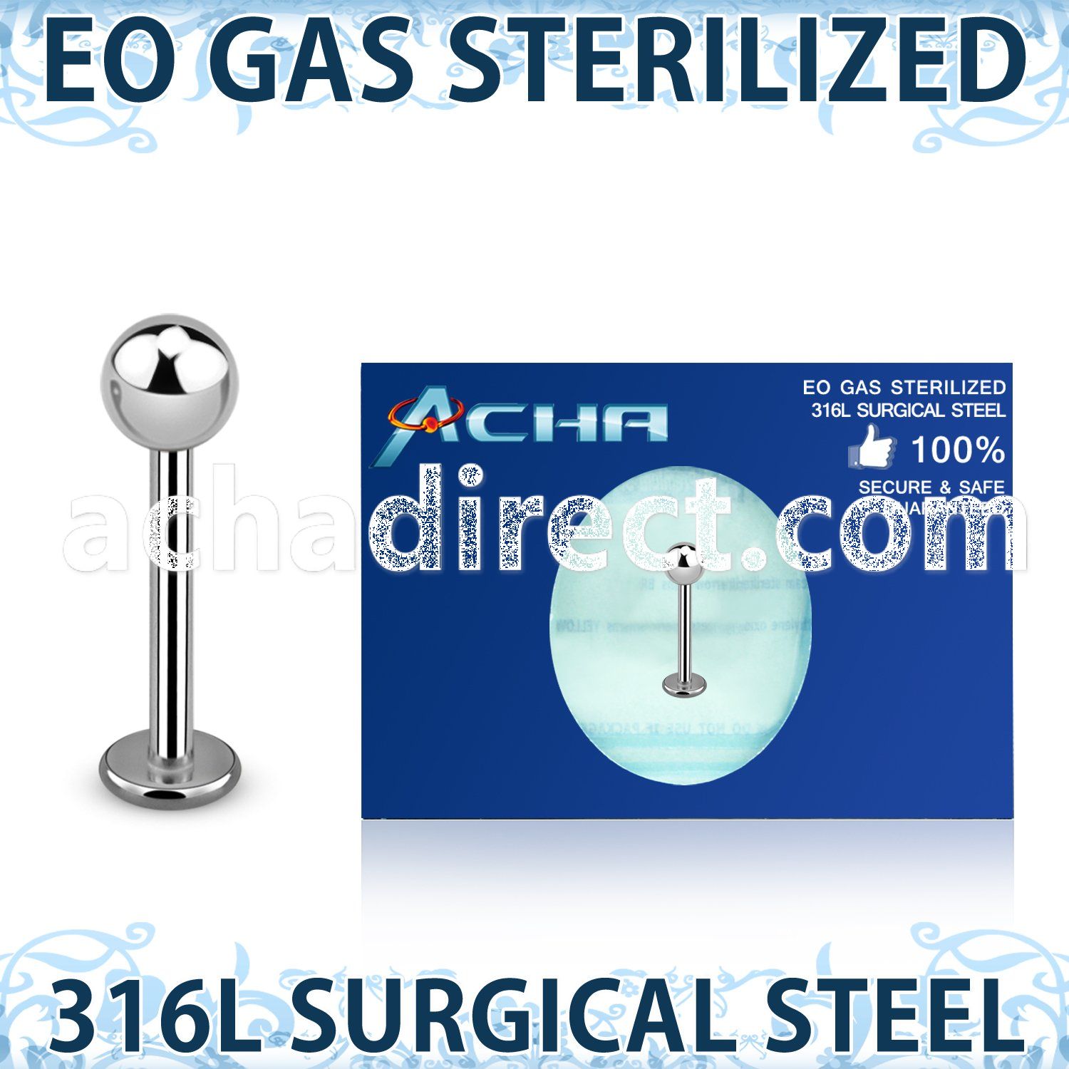 zlbb4s eo gas sterilized 316l steel labret 4mm ball