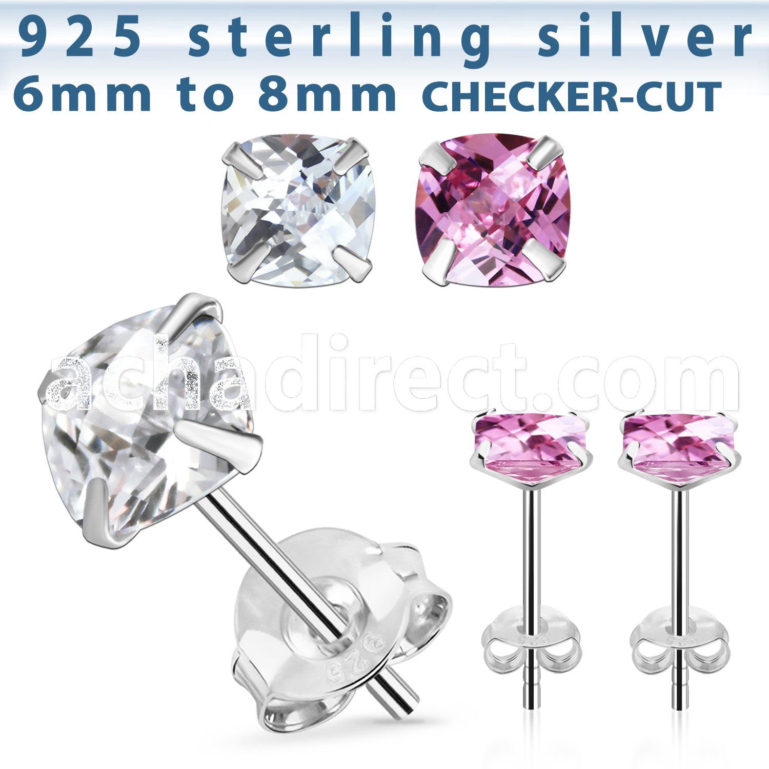 zsqfm pair of silver ear studs with square prong cz stones