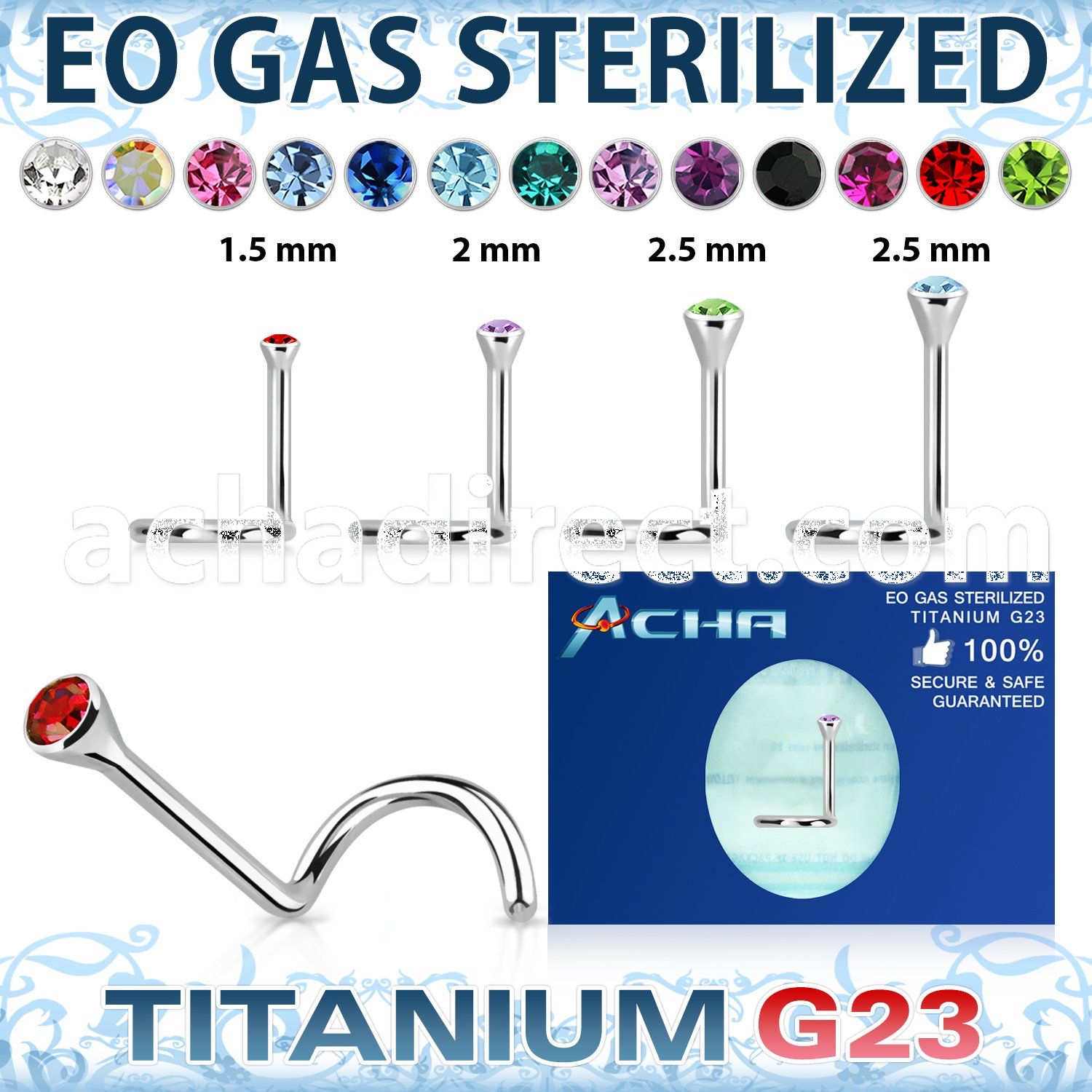 zunsc sterilized titanium g23 nose screw w bezel crystal top