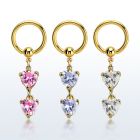 bcrtgz2 aro bola presion acero 316l pvd dorado colgante formado por corazones zirconia conectados mayorista