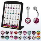 brbn7 display 24 piercings ombligo acero quirurgico bola acero 5mm bola multi cristal ferido 8mm disenos variados 8mm 14mm distribuidor mayorista