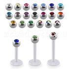 albjb3 bio  flex labret w 3mm steel balls w bezel set crystal