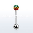 bbfr5r 316l steel tongue barbell with 5mm rasta color crystal