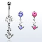 bnrz371 casted steel cz belly banana w anchor design w round cz