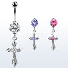 bnrz379 casted steel cz belly banana w vintage style cross w cz