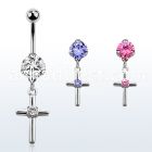 bnrz394 casted steel cz belly banana w cross w round cz