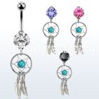 bnrz544 casted steel cz belly banana w dream catcher design