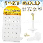 dgbizc bioflex labret w push in 14kt gold top w prong cz