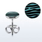er234 pair of steel earring studs w black blue zebra logo