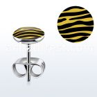 er239 pair of steel ear studs w black yellow zebra logo