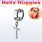 er268ch tiny high polished steel helix huggie w cross dangling